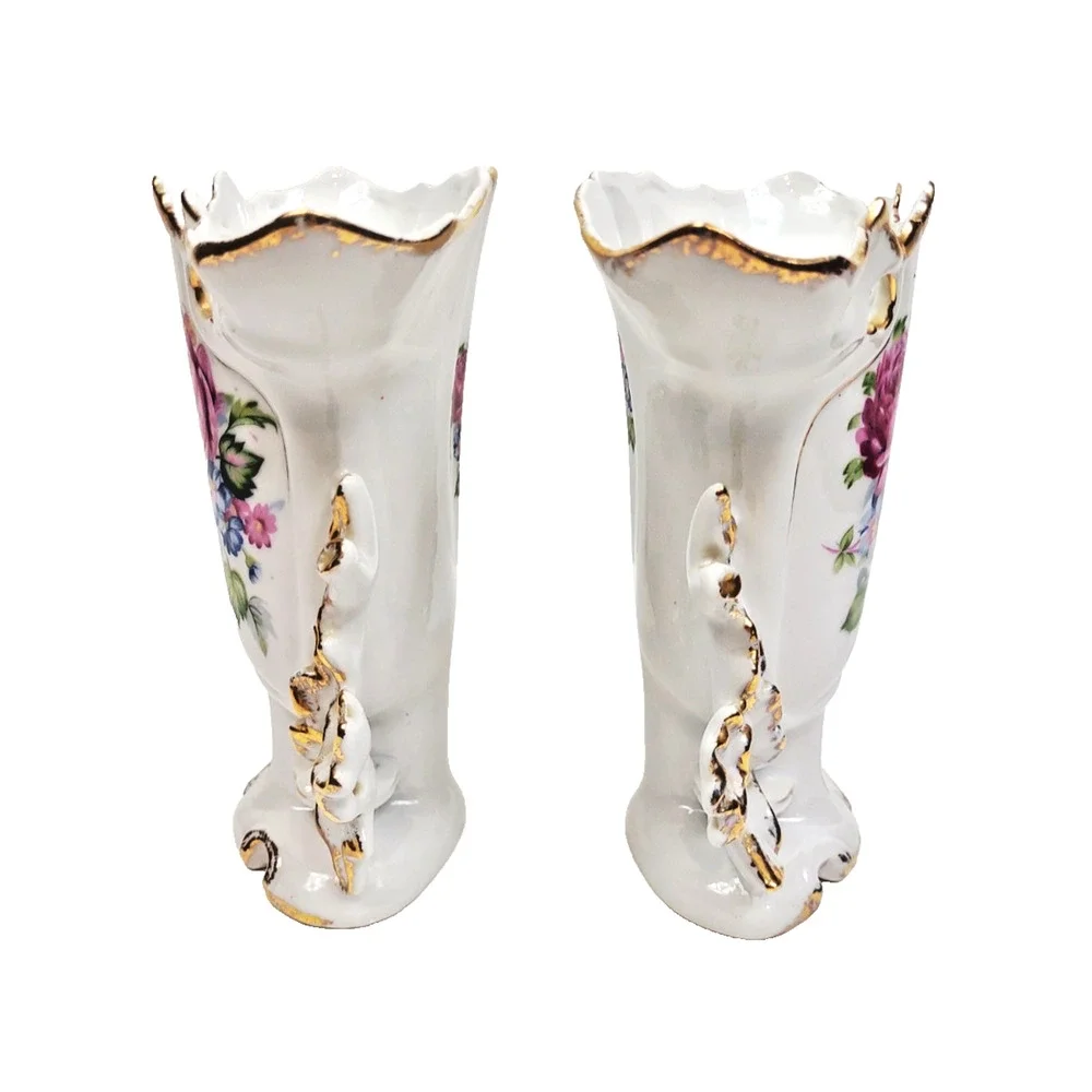 Pair Antique PORTUGAL Old Paris Style Spill Vases w Roses Daisies Circa 1900s